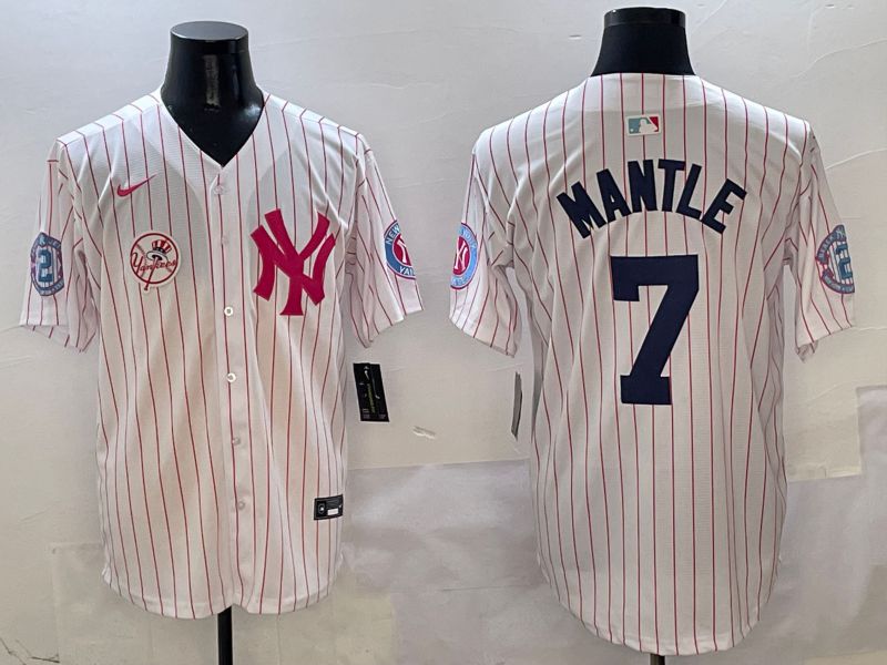 Men New York Yankees 7 Mantle White Stripe Jointly Name Nike 2025 MLB Jersey style 7
